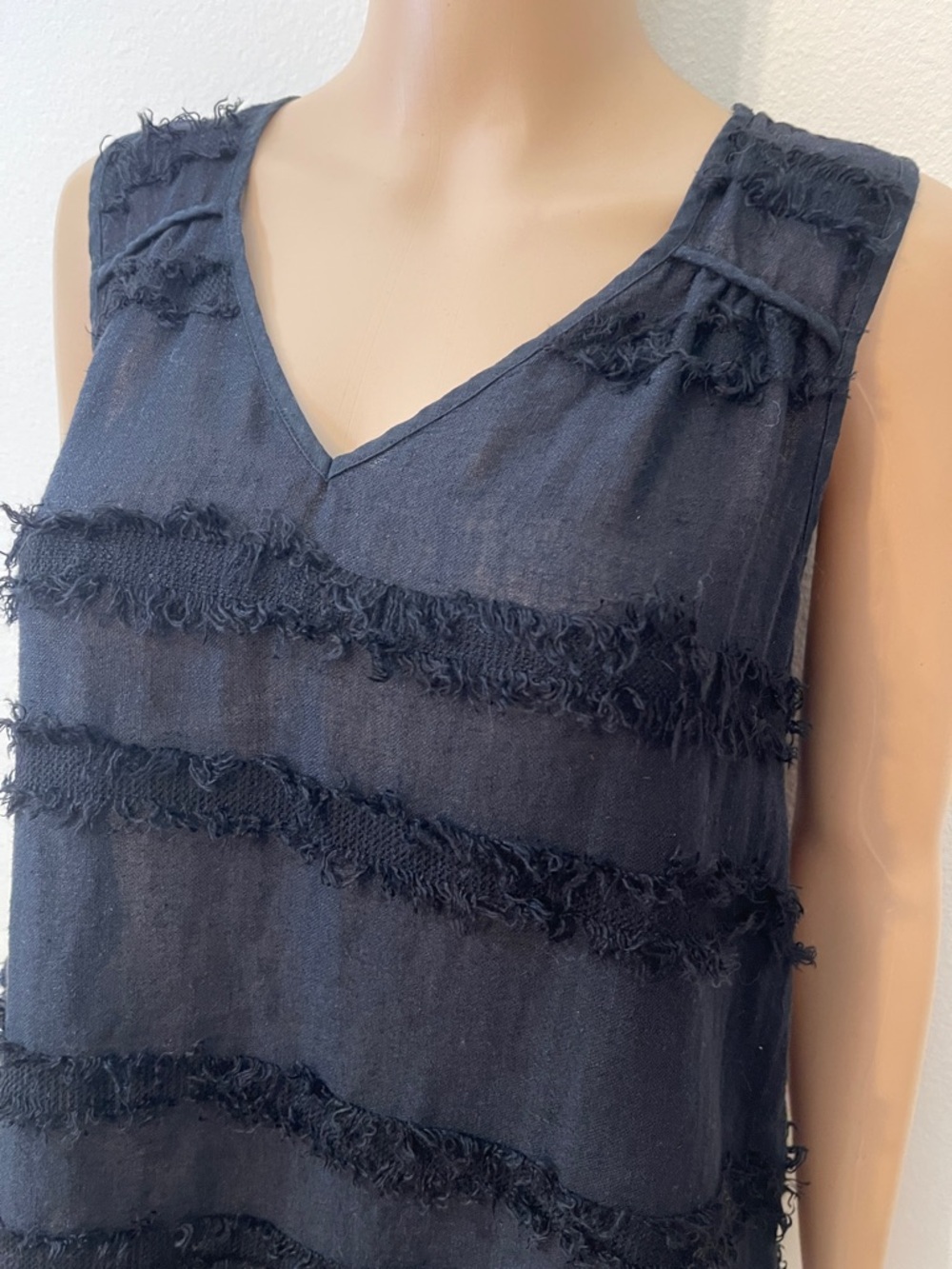Vince Camuto True Black Sleeveless Fringed V-Neck Top